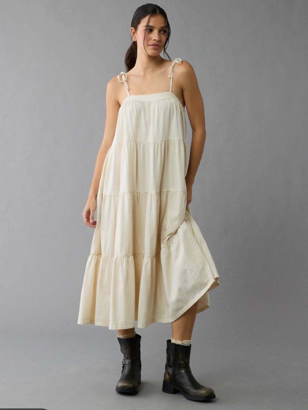 American Eagle Women's Cream Tiered Cotton Sundress with Tie Straps Size Small